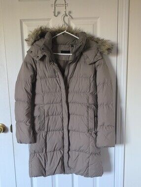 Uniqlo Taupe Long Puffer Coat with Faux-Fur Trimmed Hood